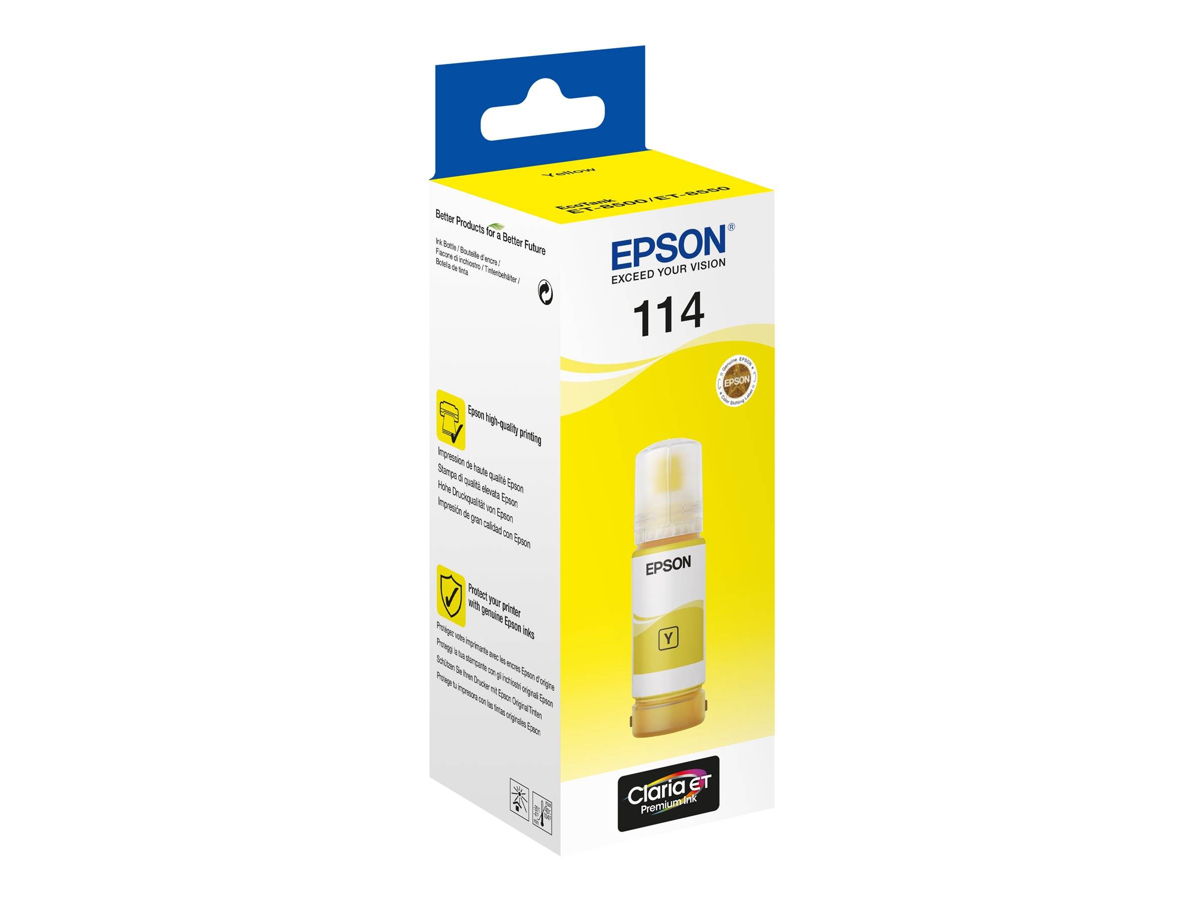 Epson 114 gelbe Tintenflasche in Verpackungsbox, gezeigt in einem Produktfoto, mit Epson-Branding und Claria ET Premium Label.