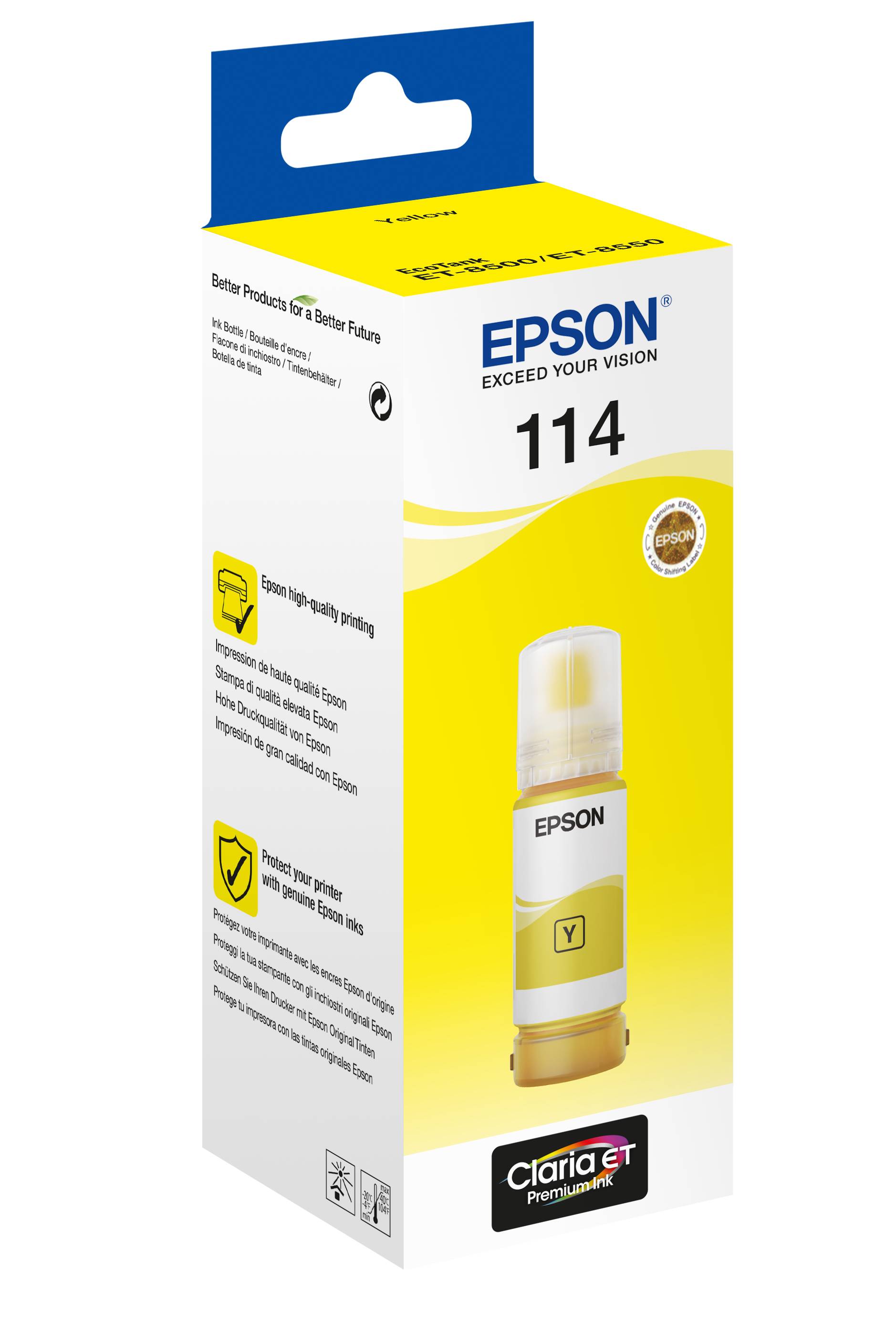 Epson 114 gelbe Tintenflaschenverpackung, gekennzeichnet mit „EXCEED YOUR VISION