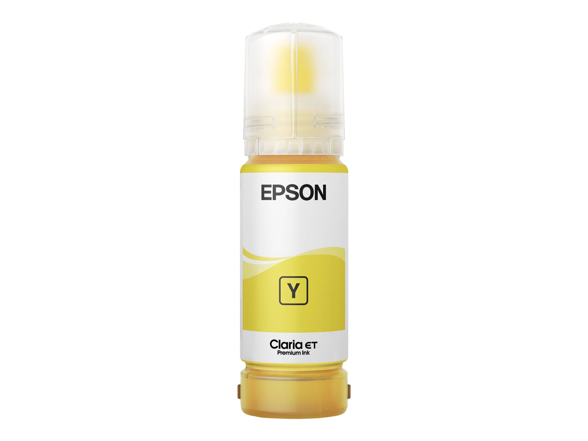 Epson gelbe Claria ET Premium-Tintenflasche mit Y-Etikett und transparentem Verschluss, aufrecht auf weißem Hintergrund dargestellt.