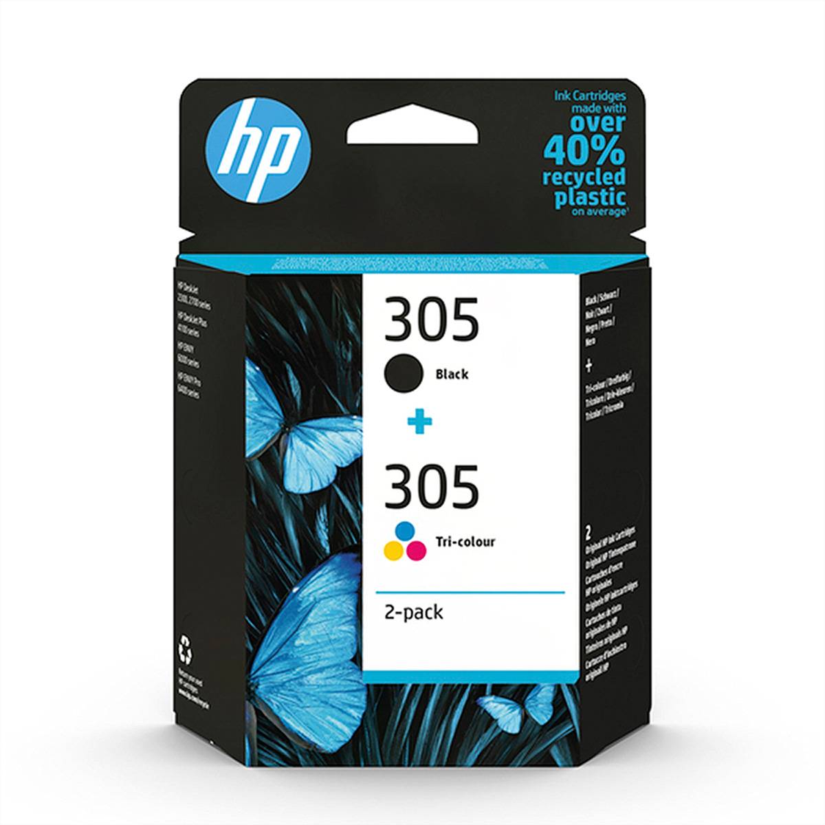 HP 305 Tintenpatronenpack mit 2 Stück, Schwarz und Mehrfarbig, mit blauem Schmetterlings-Design und „über 40% recycelter Kunststoff"-Etikett.