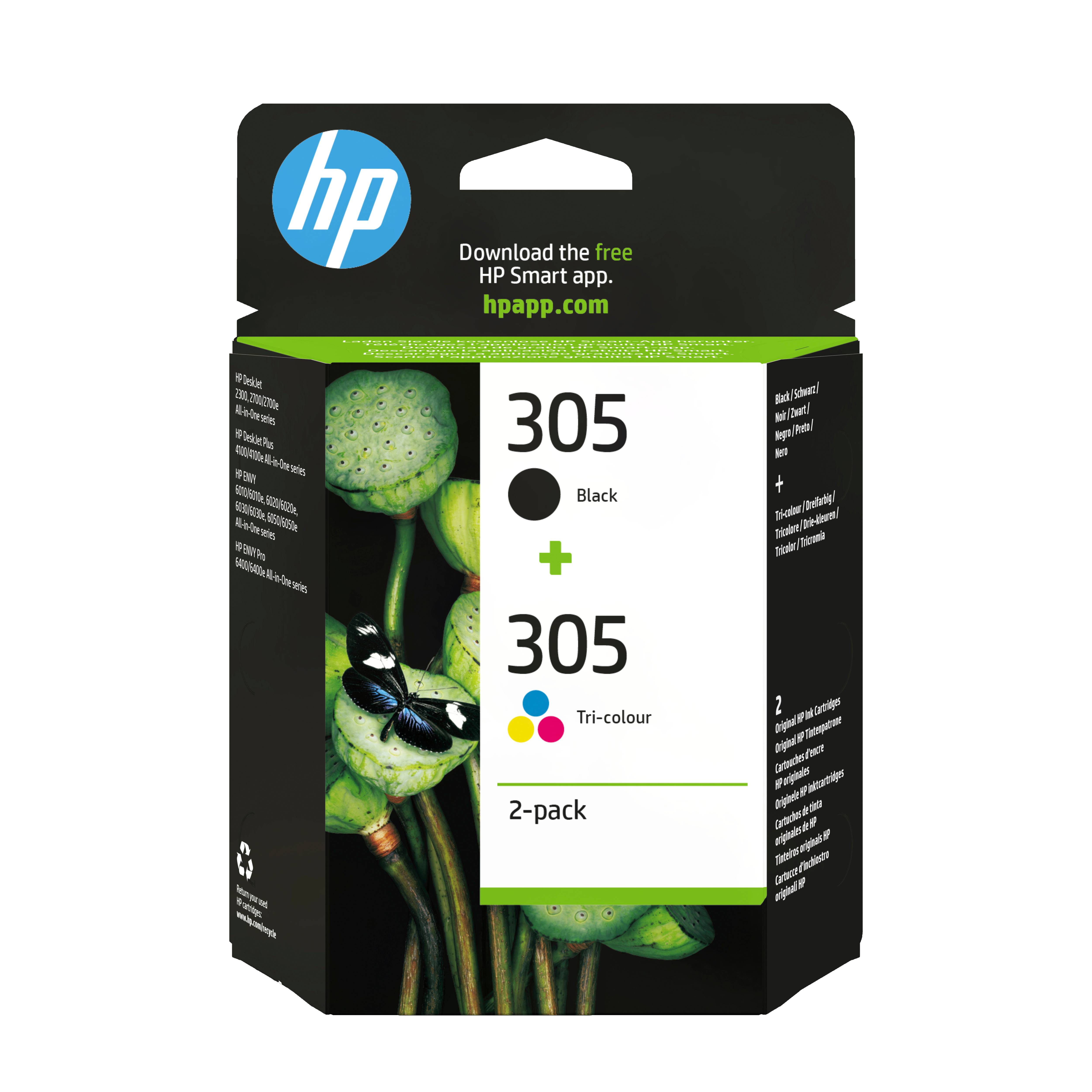 HP-Druckerpatronen-Schachteln mit den Bezeichnungen 305 Schwarz und 305 Tri-Farbe, 2er-Pack, mit HP-Logo und Hinweis zum Herunterladen der App.