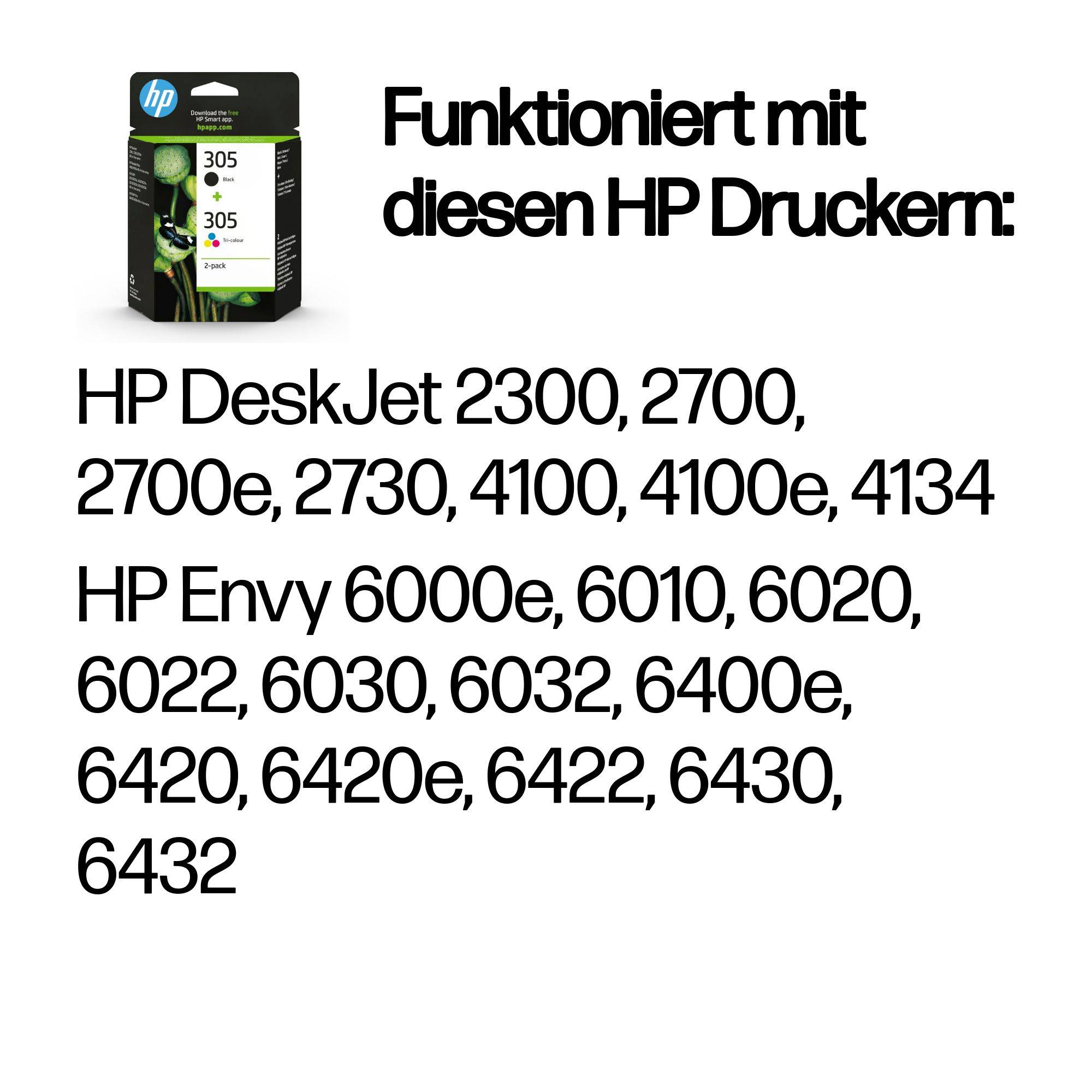 HP Tintenpatronen-Kompatibilitätsliste für HP-Drucker: DeskJet 2300, 2700, 2700e, 2730, 4100, 4100e, 4134; Envy 6000e, 6010, 6020, 6022, 6030, 6032, 6400e, 6420, 6420e, 6422, 6430, 6432.