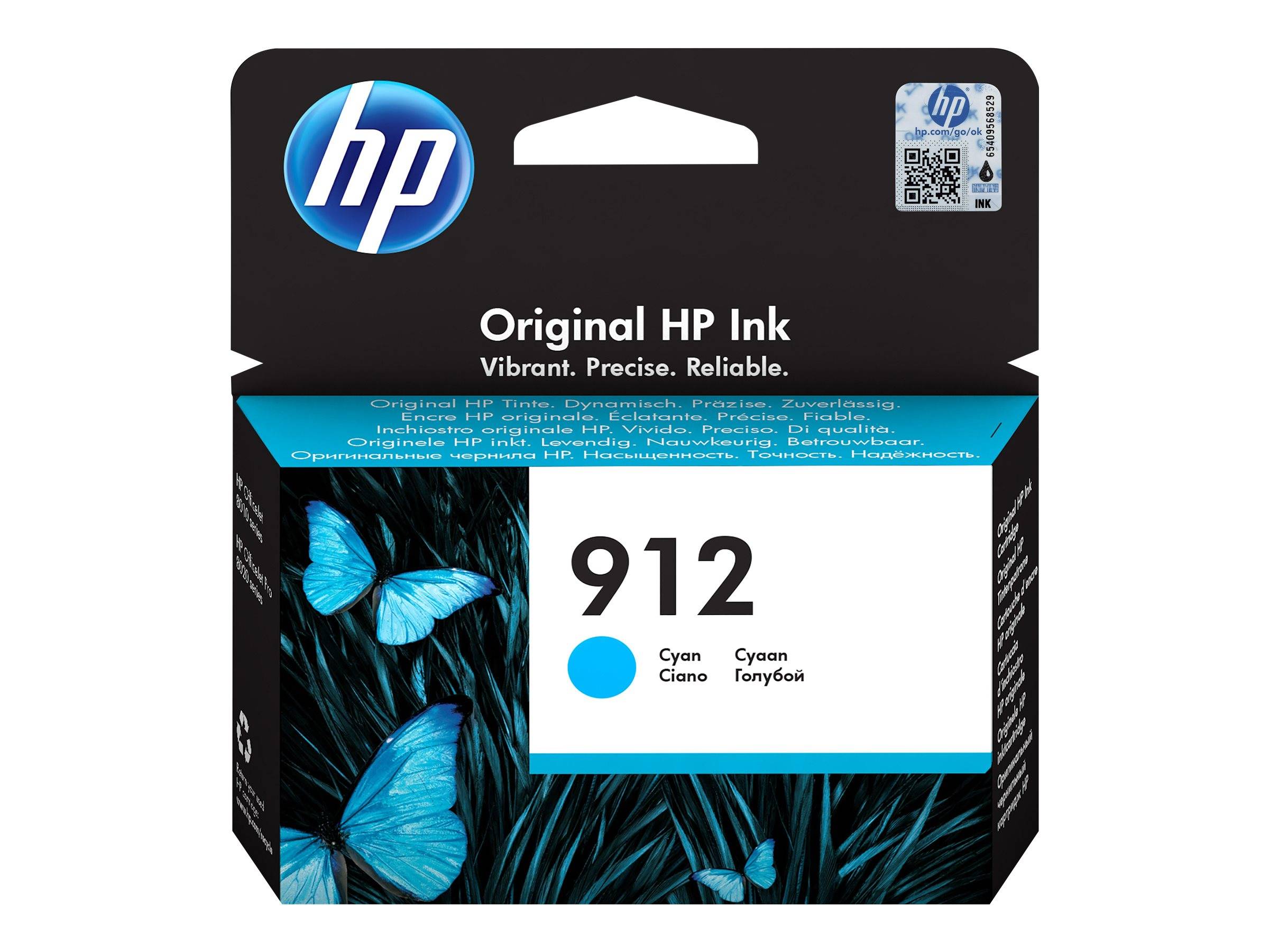 HP Original Tintenpatrone Paket mit der Bezeichnung 912 Cyan, mit blauem Schmetterlingsdesign und HP-Logo.