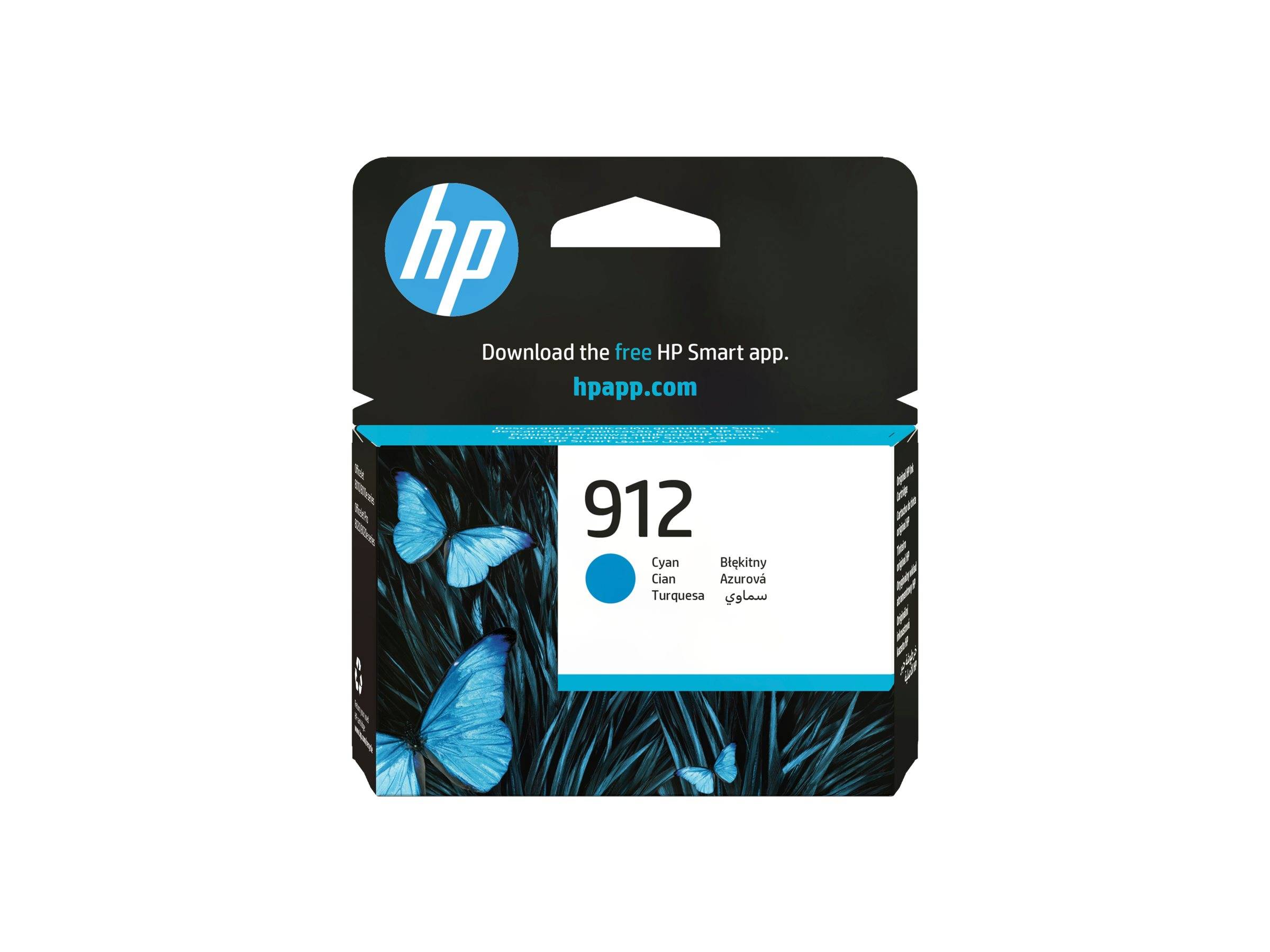 HP 912 Cyan-Tintenpatrone Packung mit blauem Schmetterlingsdesign und Text „Laden Sie die kostenlose HP Smart App herunter. hpapp.com
