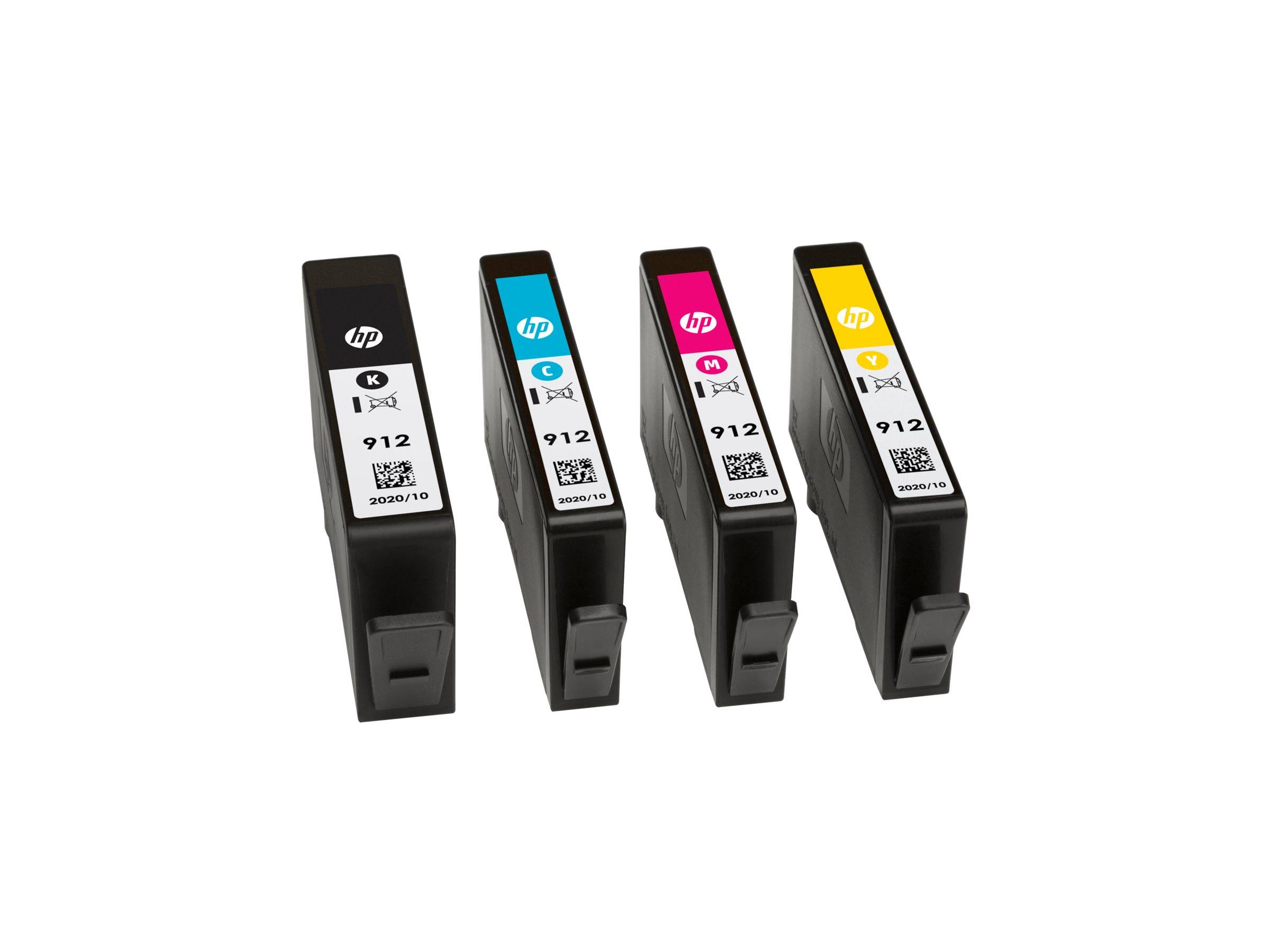 Vier HP 912 Druckerpatronen in Schwarz, Cyan, Magenta und Gelb in einer Reihe angeordnet.