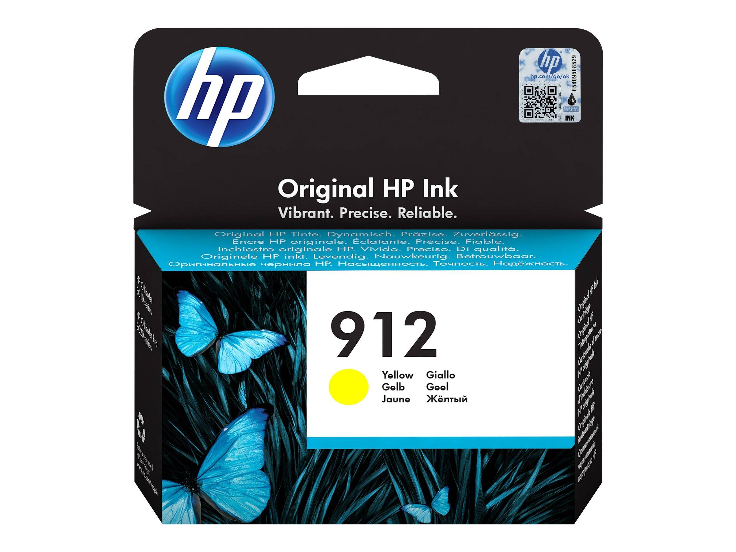 Original HP Tintenpatrone Schachtel, Modell 912, gelb, mit HP-Logo und Schmetterlingsdesign.