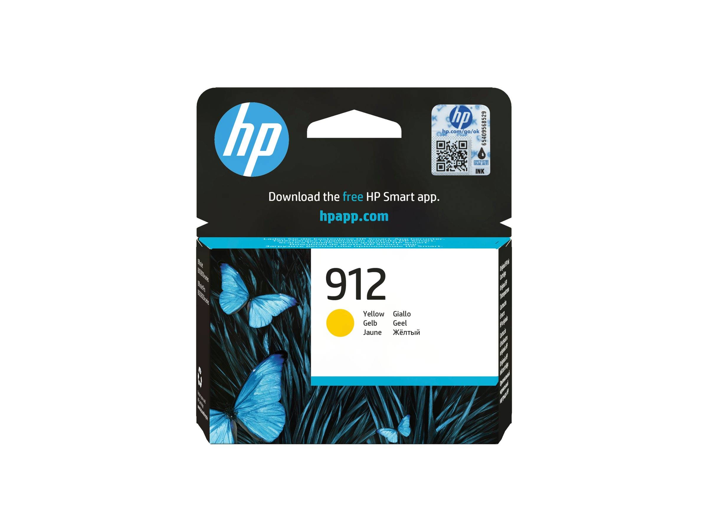 HP 912 Tintenpatrone, gelb, mit HP Smart App-Download-Branding und blauem Schmetterlings-Design.