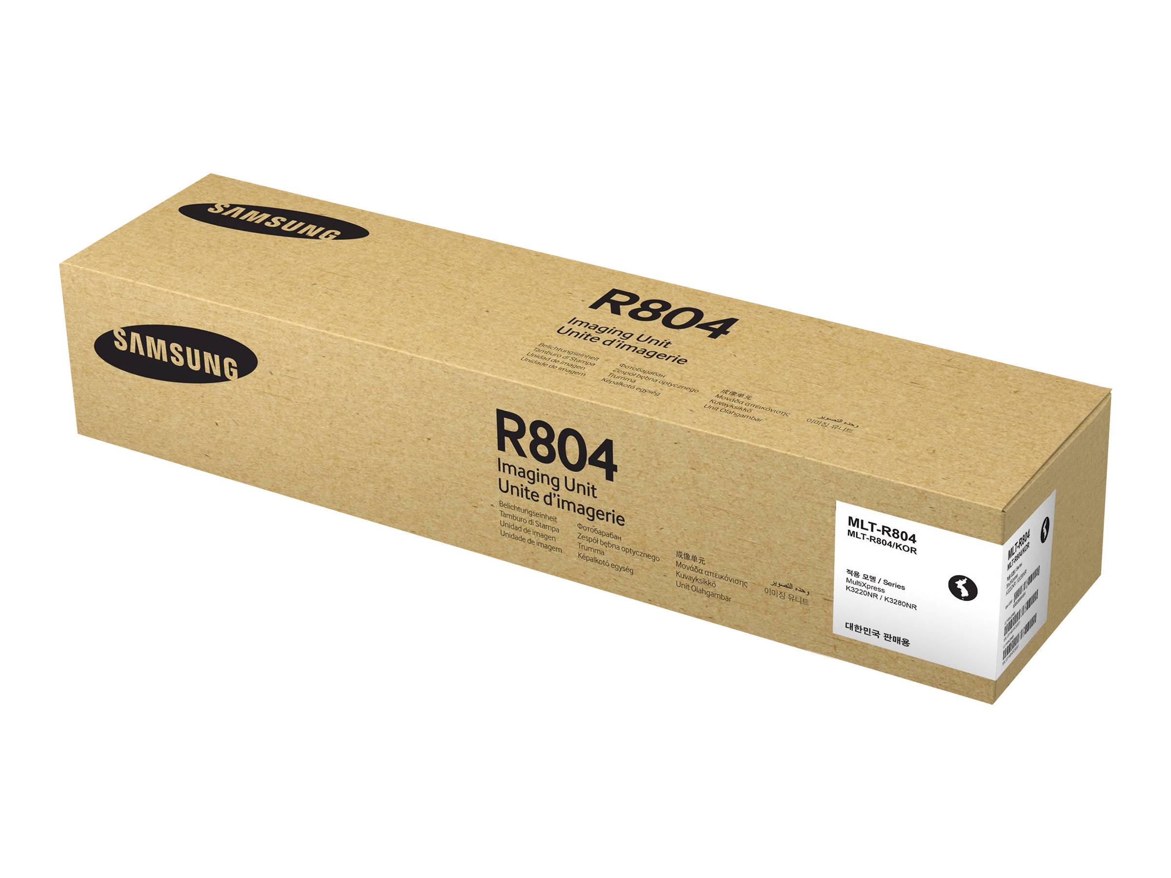 Samsung R804 Bilderzeugungsgerät Tonerbehälter in brauner Verpackung mit Produktetikett und Logo gezeigt.