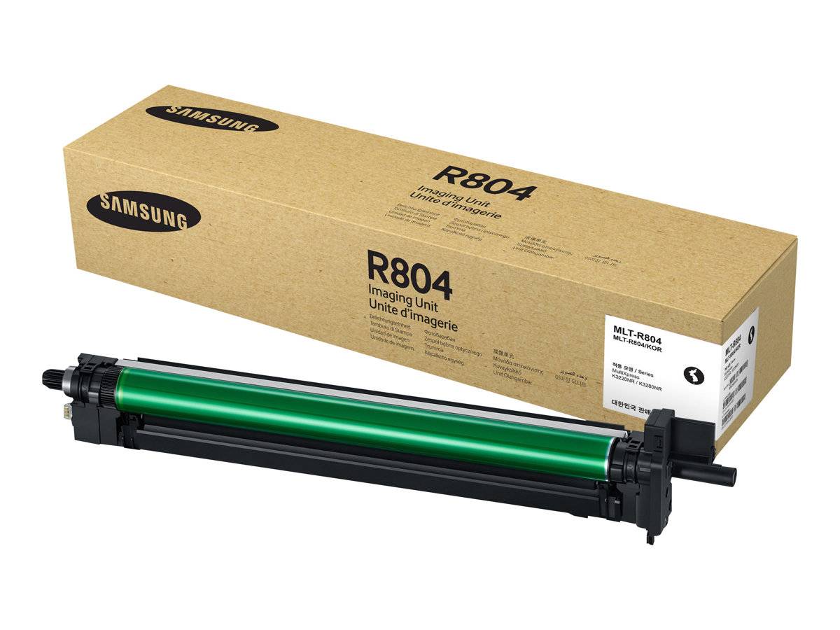 Samsung R804 Abbildungseinheit in einem Kartonkarton, dargestellt mit einer grünen Trommelnpatrone davor.
