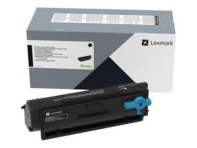 Lexmark-Druckertonerpatrone mit ihrer grau-weißen Verpackungsbox dahinter dargestellt.