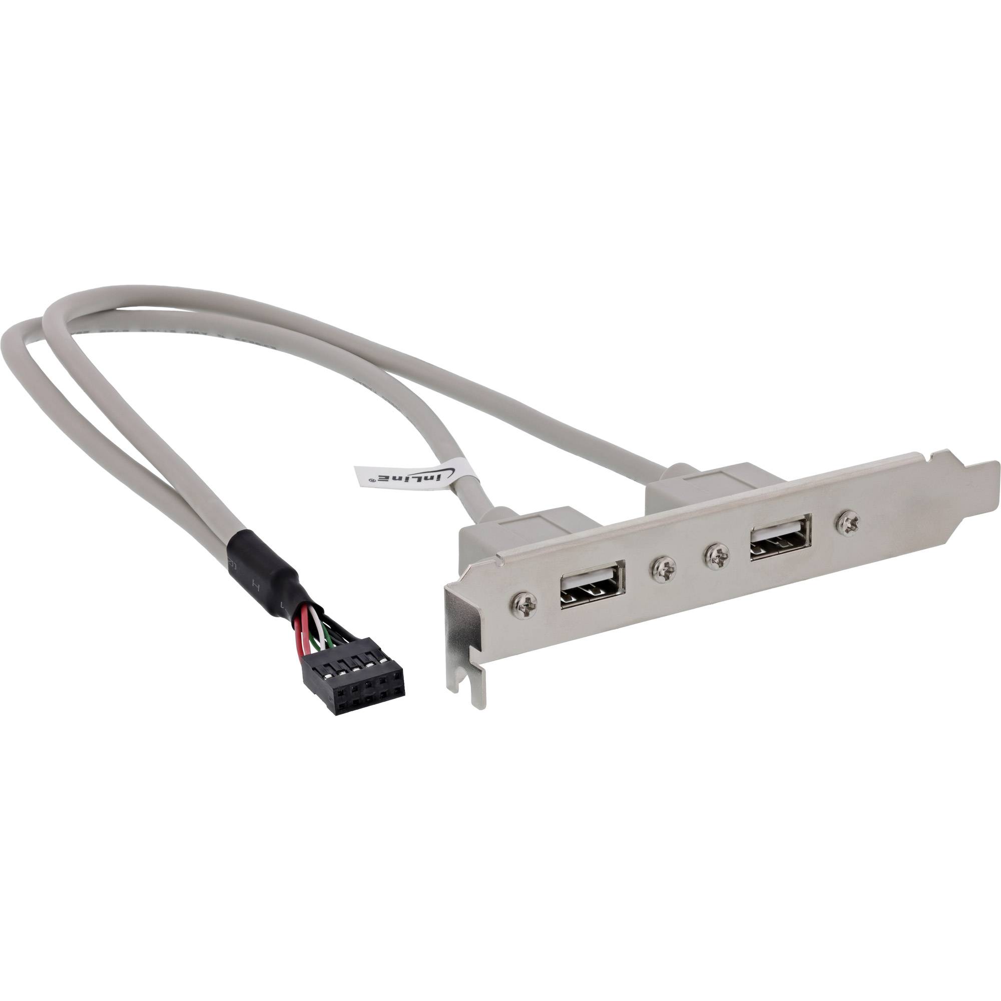 Internes USB-Hub-Kabel mit zwei USB-A-Buchsen auf einer Metallhalterung und einem Motherboard-Stecker