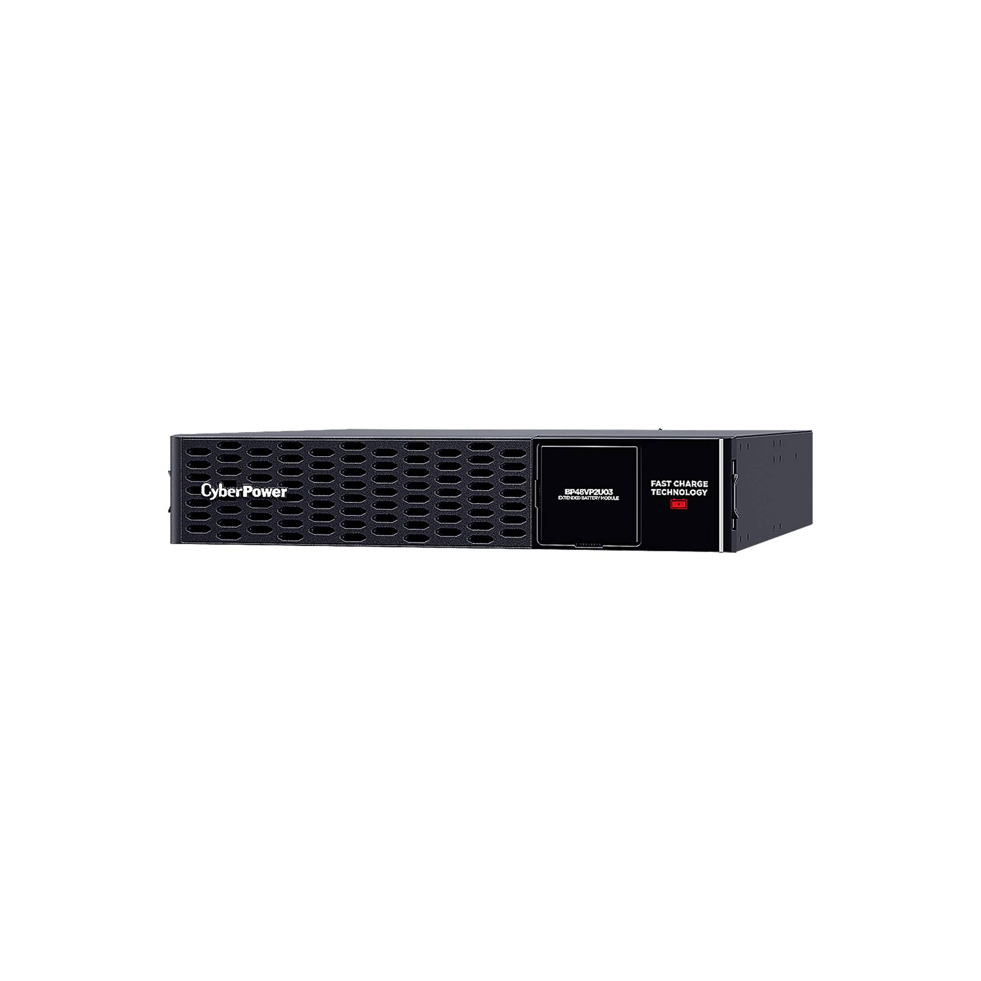 Schwarzes CyberPower Rackmount-USV in Vorderansicht mit Belüftungsgitter, Anzeigefeld und „Fast-Charge Technology