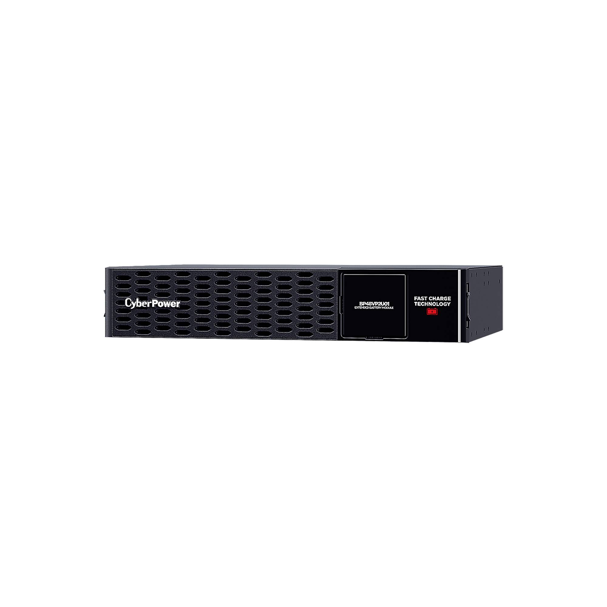 CyberPower-Rack-Mount-USV mit frontaler Gitterstruktur, LCD-Anzeigetafel und Beschriftung „Fast Charge Technology