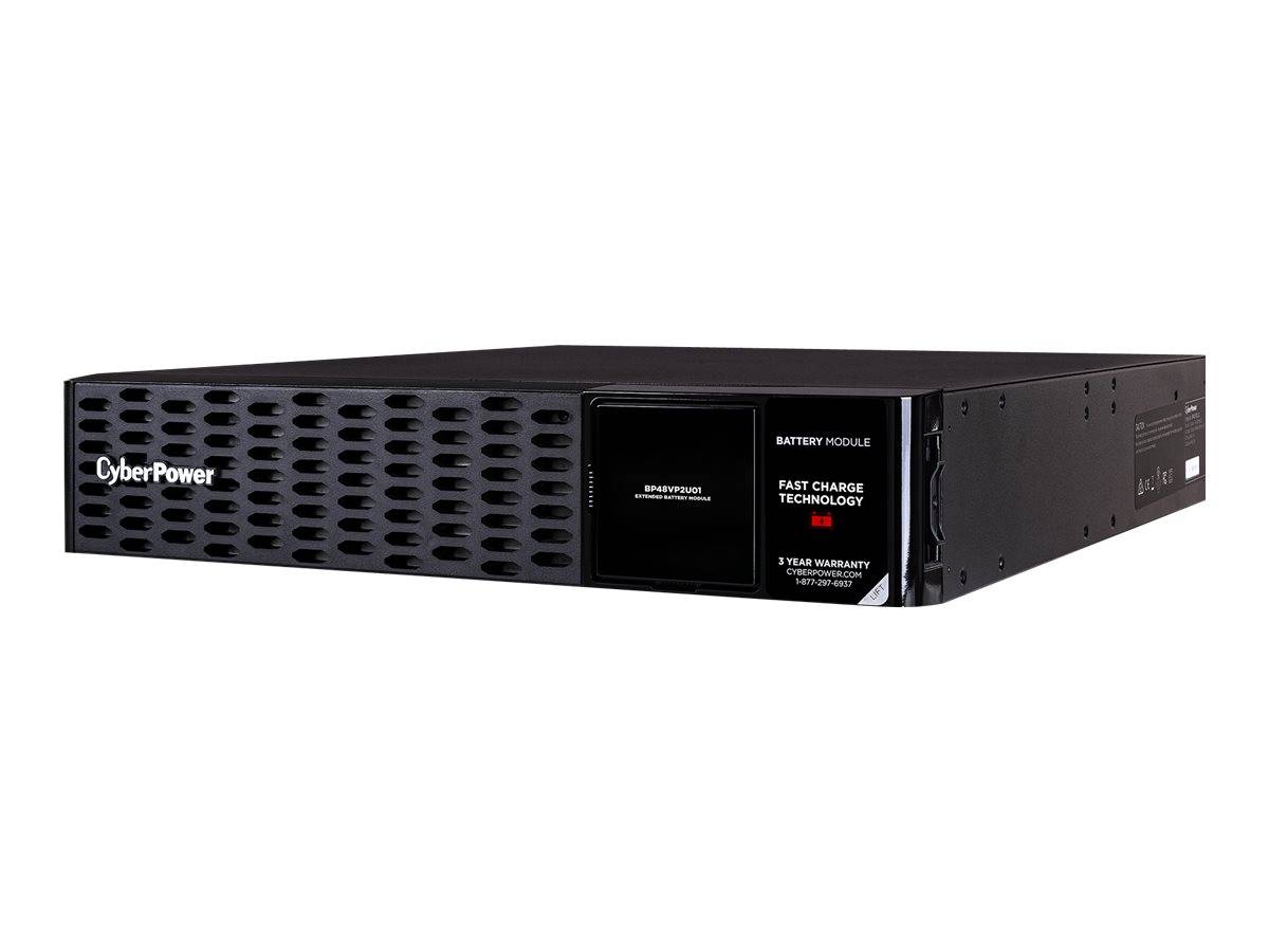 Schwarzes CyberPower Rack-Mount-Batteriemodul/USV-Gerät in perspektivischer Ansicht auf weißem Hintergrund, mit Frontgitter und Etikett mit der Aufschrift „Fast Charge Technology