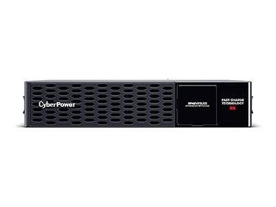 Vorderansicht einer schwarzen CyberPower-Rackmount-Stromverteilungseinheit mit belüftetem Gitter und gekennzeichnetem Schnellladeanschluss-Bereich.