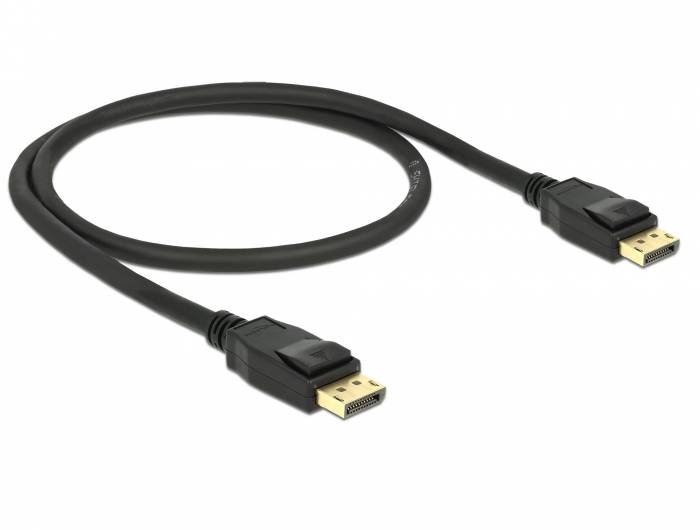 Schwarzes DisplayPort-Kabel mit männlichen Anschlüssen an beiden Enden, aufgerollt auf weißem Hintergrund.