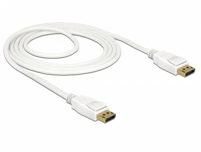 Weißes DisplayPort-Kabel mit vergoldeten Steckern, aufgerollt und auf einfachem weißen Hintergrund dargestellt.