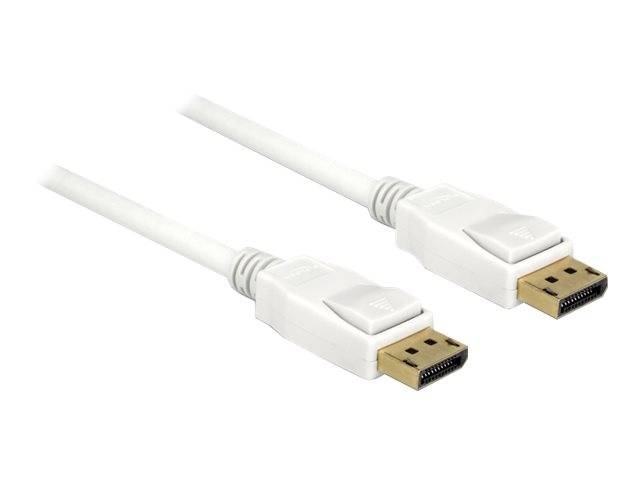 Zwei weiße DisplayPort-Kabel mit vergoldeten Steckern auf einfachem Hintergrund.