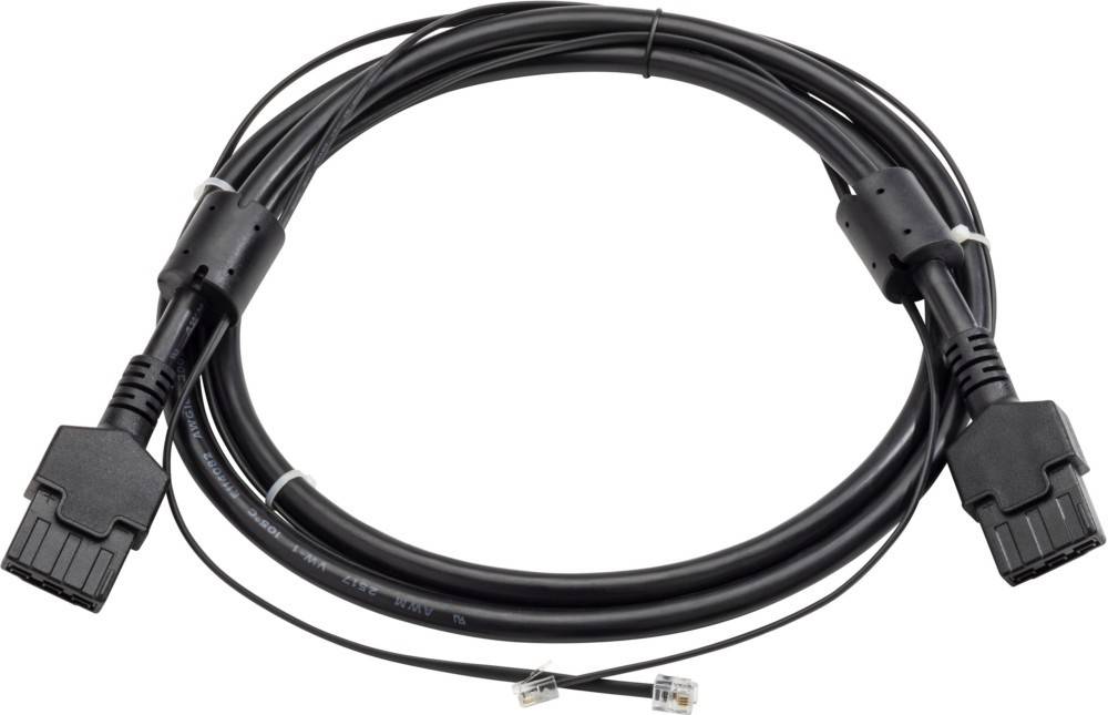 Ein aufgerolltes schwarzes Ethernet-Kabel mit Anschlüssen an beiden Enden, das für Netzwerke oder zum Verbinden von Geräten mit dem Internet verwendet wird.