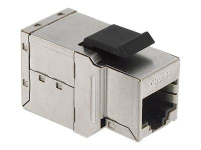 Metallischer RJ45-Ethernet-Keystone-Stecker mit schwarzer Schutzkappe, isoliert auf weißem Hintergrund dargestellt.