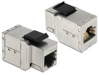 Zwei Metall-Ethernet-Netzwerkmodul-Buchsen mit schwarzen Laschen, dargestellt in schrägem Blickwinkel auf weißem Hintergrund.
