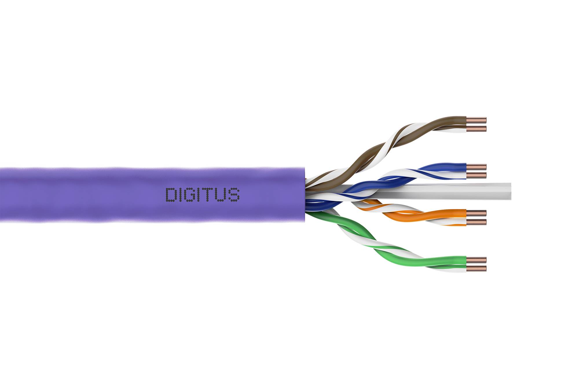 Violettes DIGITUS Ethernet-Kabel mit freiliegenden verdrillten Adernpaaren und Kupferleitern auf weißem Hintergrund.