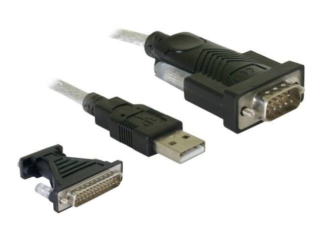 Drei Computerkabel/Stecker auf weißem Hintergrund: ein USB-Stecker und zwei 15-polige Seriell-ähnliche Stecker, in verschiedenen Größen dargestellt.