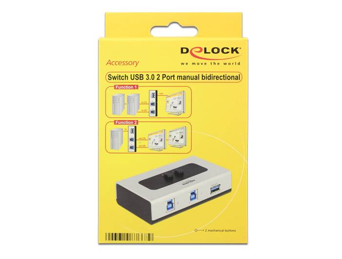 Paket für Delock 'Switch USB 3.0 2 Port Handbuch bidirektional' Zubehör, zeigt USB-Schaltergerät und Verbindungsdiagramme.