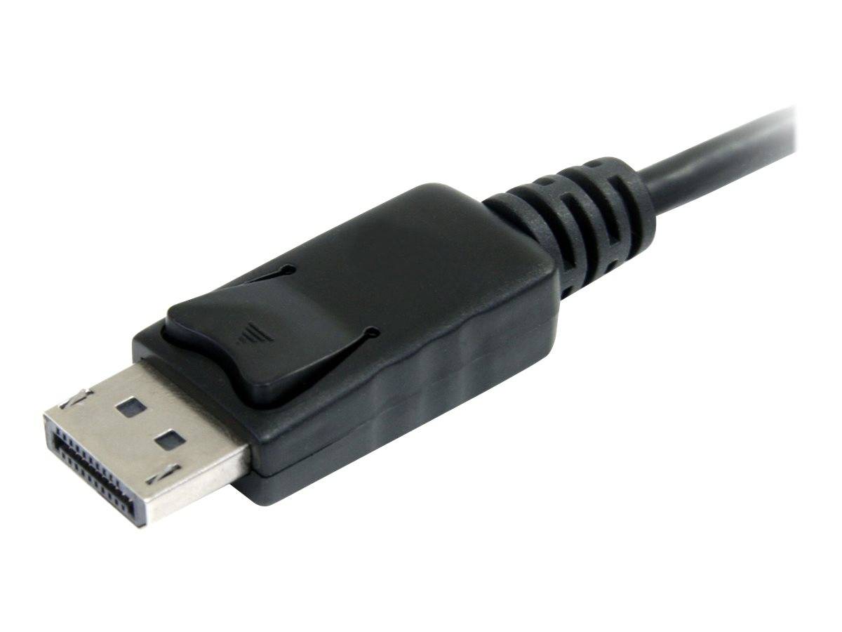 Nahaufnahme eines DisplayPort-Kabelsteckers, schwarzer Stecker mit angebrachtem Kabel auf weißem Hintergrund.