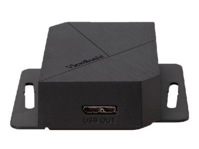 Schwarze elektronische Adapterbox mit Montagelaschen und einem USB-Anschluss mit der Bezeichnung "USB OUT"" auf der Vorderseite.