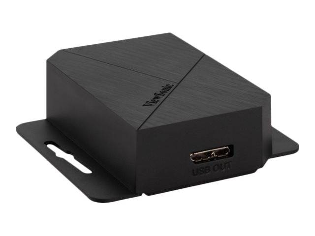 Schwarzes ViewSonic-Gerät mit USB-Ausgangsanschluss, auf einer Montageplatte vor weißem Hintergrund gezeigt.