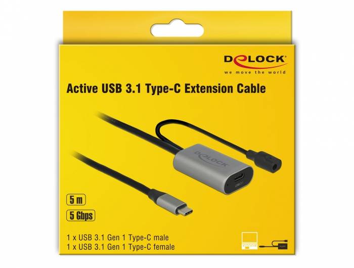 Verpackung für Delock Active USB 3.1 Type-C Verlängerungskabel, das ein 5 m, 5 Gbps USB-C Stecker-zu-Buchse-Kabel auf einer gelben Schachtel zeigt.