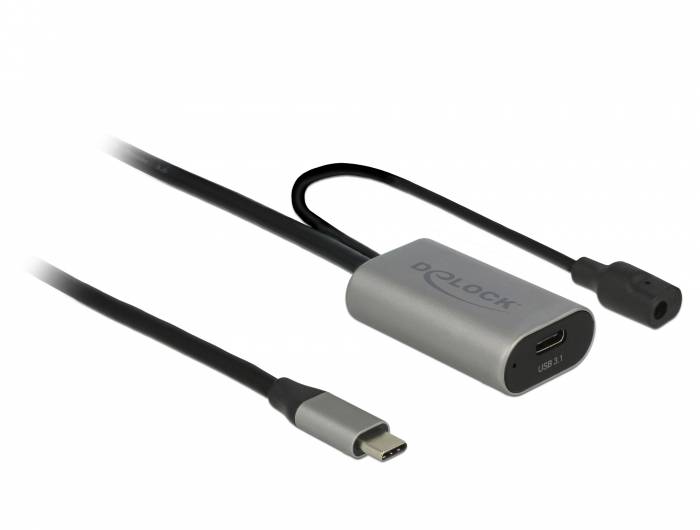USB-C-Adapterkabel mit einem kleinen grauen Delock-Hub, zeigt einen USB-C-Stecker, einen USB-C-Anschluss und einen runden Stromstecker.