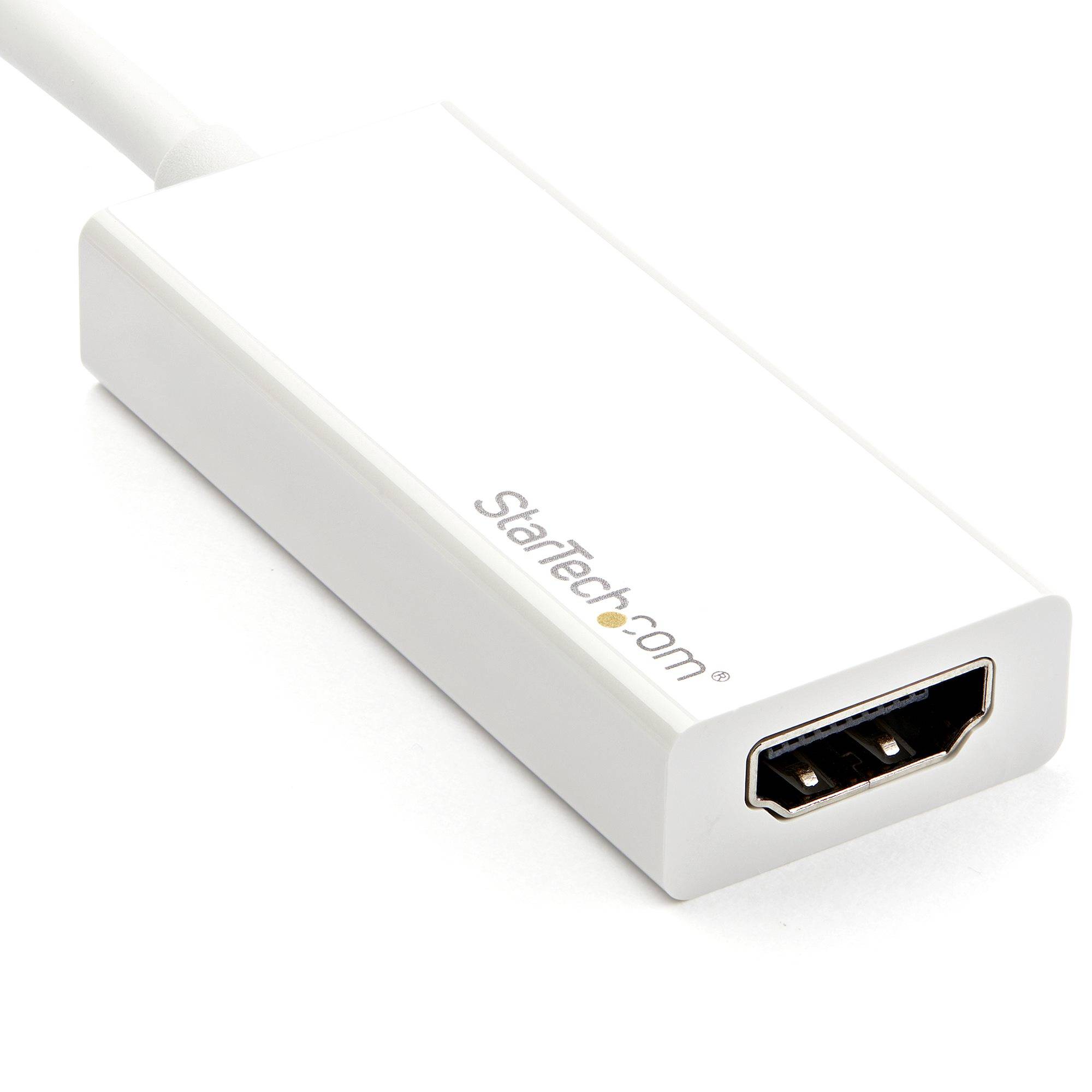 Weißer StarTech HDMI Buchse-zu-Buchse Adapter auf weißem Hintergrund, angewinkelt dargestellt mit einem sichtbaren HDMI-Anschluss.