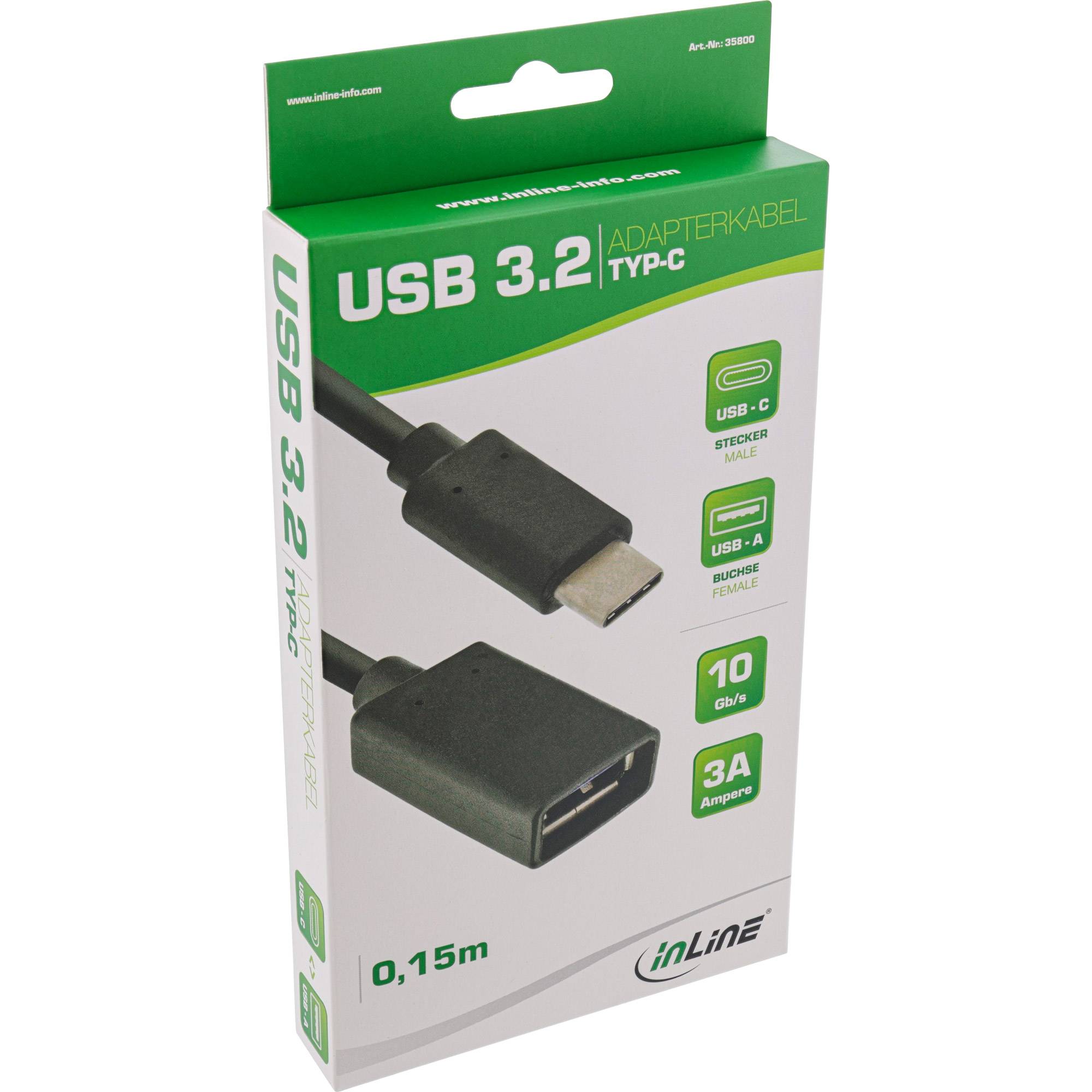 INLINE - USB 3.2 Gen.1x2 Adapterkabel - USB-C Stecker an A Buchse - 0,15m