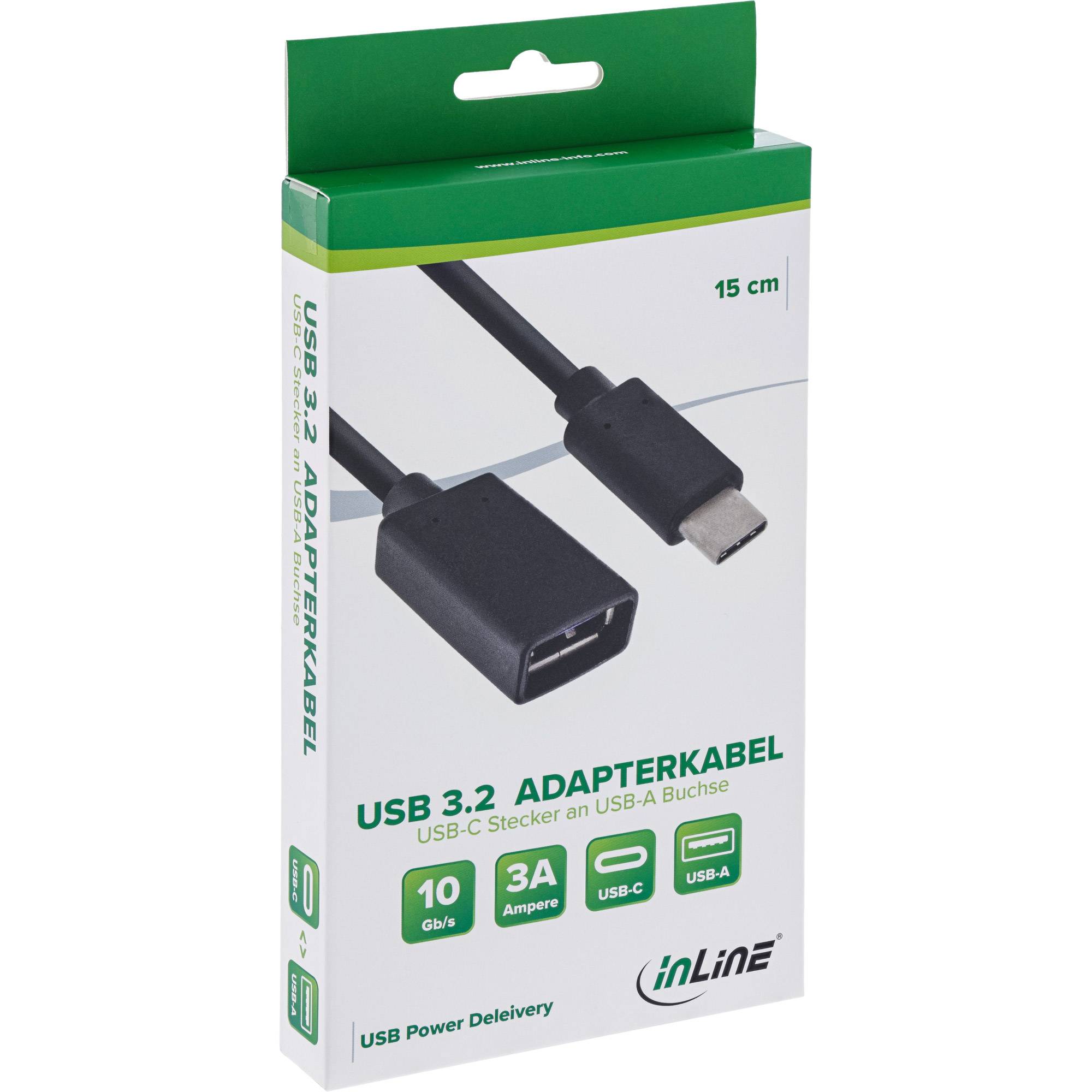 Produktbox für ein inLine USB 3.2 Adapterkabel, 15 cm, USB-C auf USB-A, 10 Gb/s, 3A, USB Power Delivery.