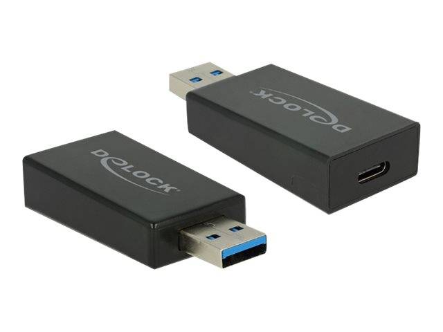 Zwei schwarze Delock USB-Adapter, einer zeigt einen USB-A-Stecker und der andere einen USB-C-Anschluss.