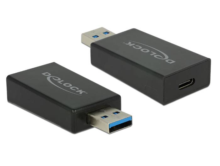 Zwei schwarze Delock USB-Adapter auf weißem Hintergrund dargestellt, jeder mit einem USB-A-Stecker auf der einen Seite und einem USB-C-Anschluss auf der anderen Seite.