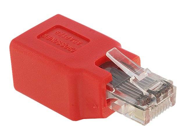 Roter Ethernet-Stecker mit rotem Schutzmantel, gezeigt auf weißem Hintergrund.