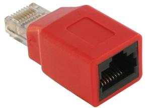 Roter Ethernet-Adapter mit RJ45-Buchse und transparentem Stecker auf weißem Hintergrund.