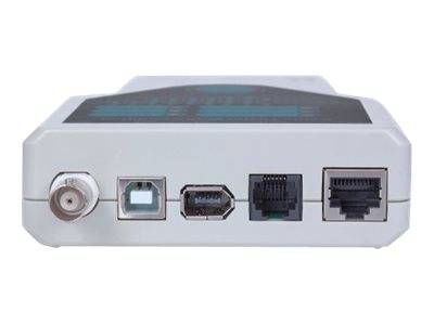 Eine Nahaufnahme der Rückseite eines Modems mit fünf verschiedenen Anschlüssen, darunter Koaxial-, USB- und Ethernet-Ports, die Konnektivitätsoptionen anzeigen.