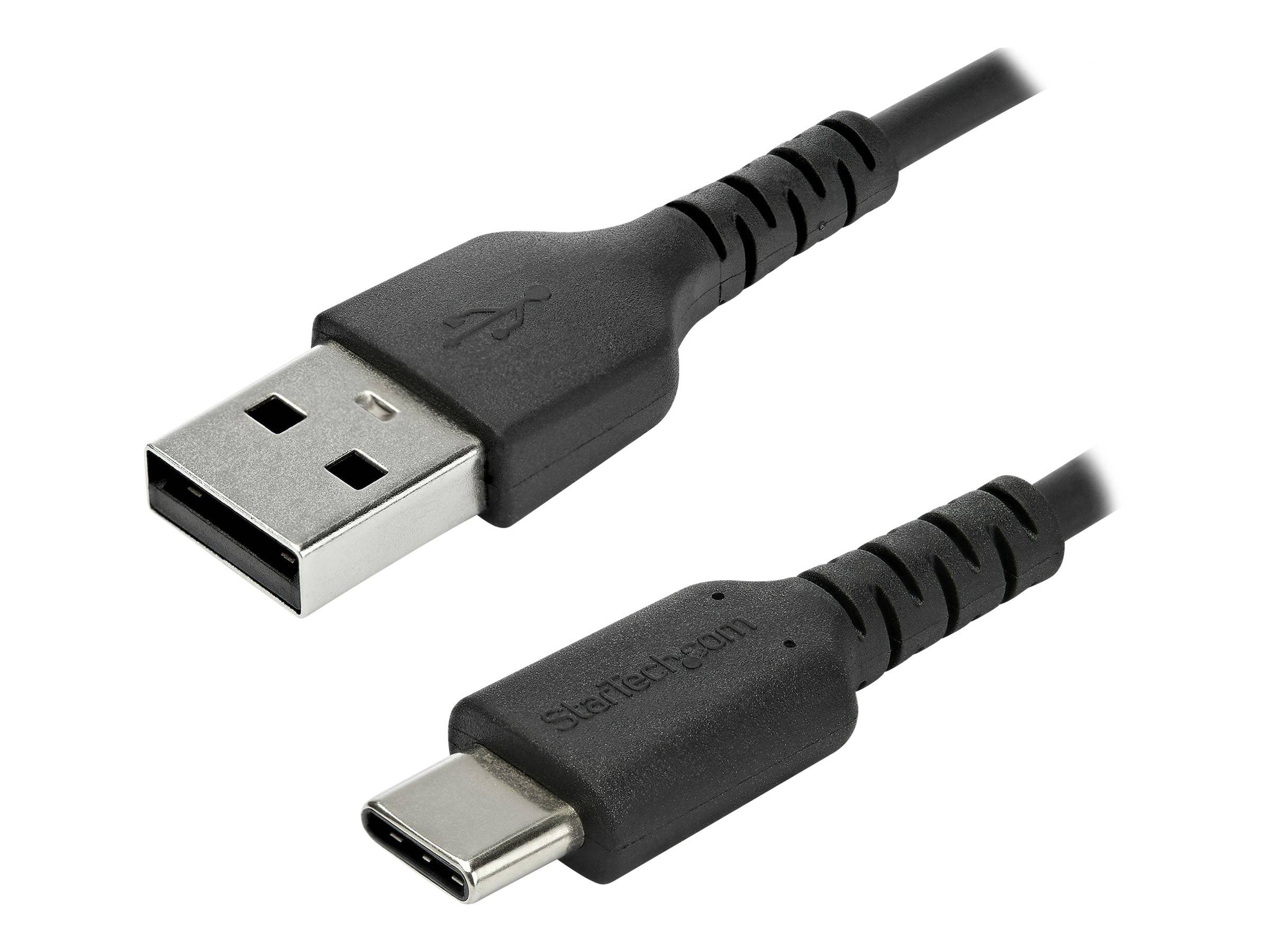 USB-A auf USB-C Kabel mit schwarzen Steckern auf weißem Hintergrund.