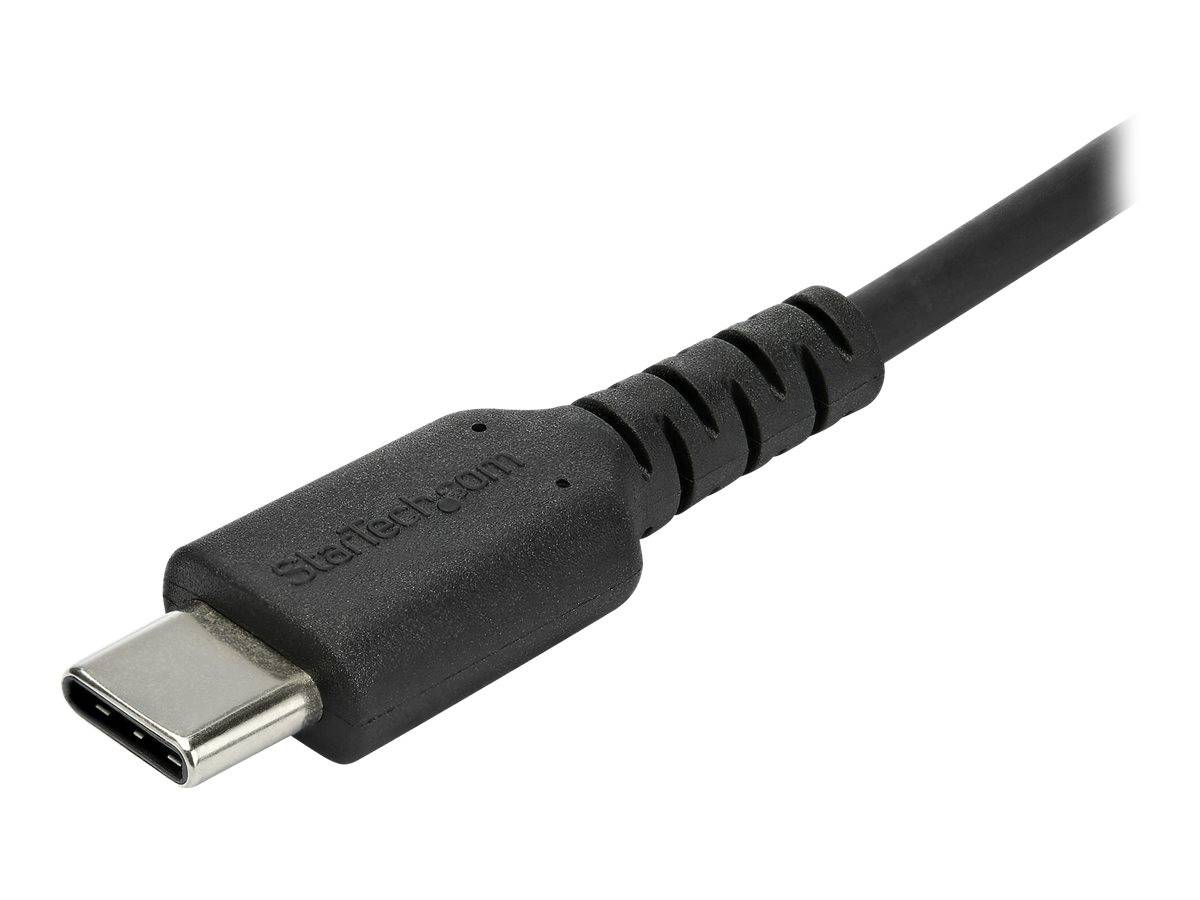 USB-C-Kabelstecker auf weißem Hintergrund gezeigt, mit schwarzem geformtem Stecker und angeschlossenem Kabel.