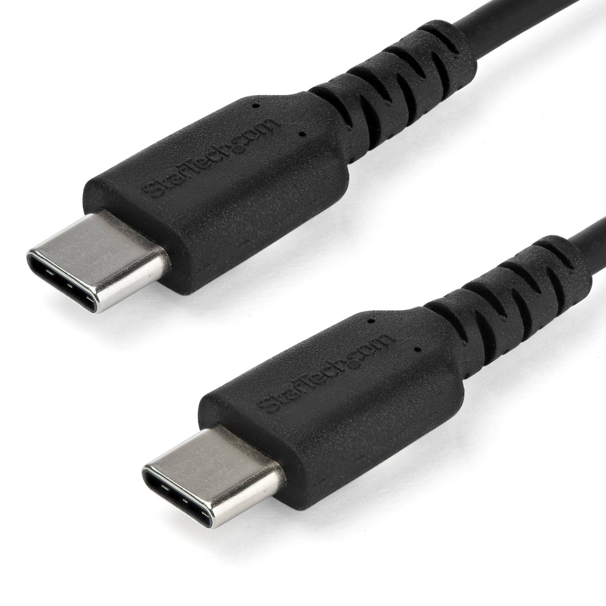 Zwei schwarze USB-C-Stecker (Stecker) auf weißem Hintergrund.