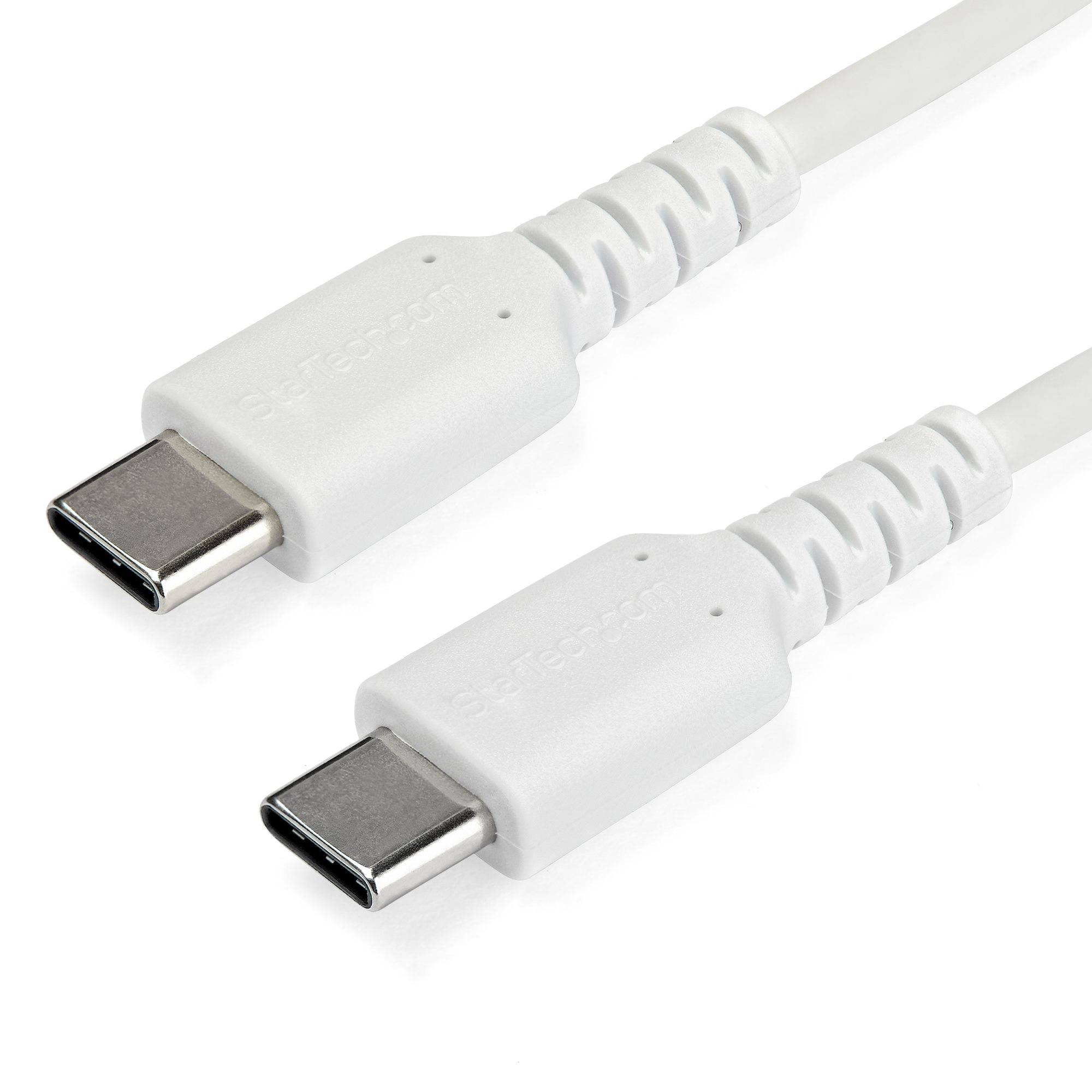 Zwei weiße USB-C-Kabelstecker auf schlicht weißem Hintergrund dargestellt.