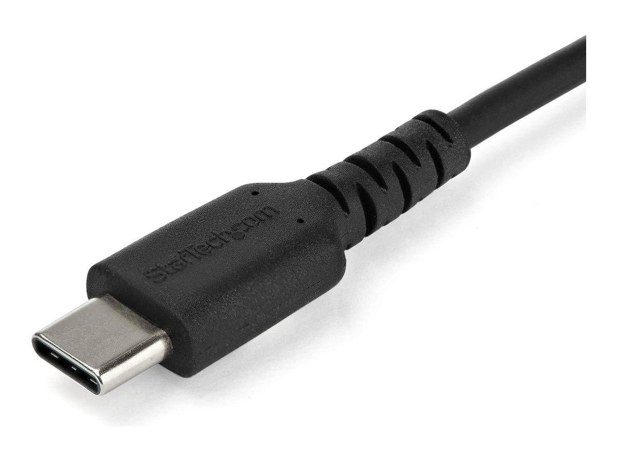 Schwarzes USB-C-Ladekabel mit USB-C-Anschluss auf weißem Hintergrund