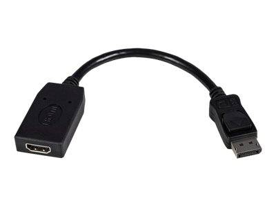 DisplayPort-zu-HDMI-Adapterkabel mit einem kleinen schwarzen Konvertergehäuse und Steckern auf beiden Enden.