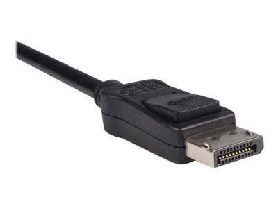 Nahaufnahme eines schwarzen Kabels mit einem rechteckigen Metallstecker, wahrscheinlich ein Display- oder Audio-/Videostecker, auf weißem Hintergrund dargestellt.
