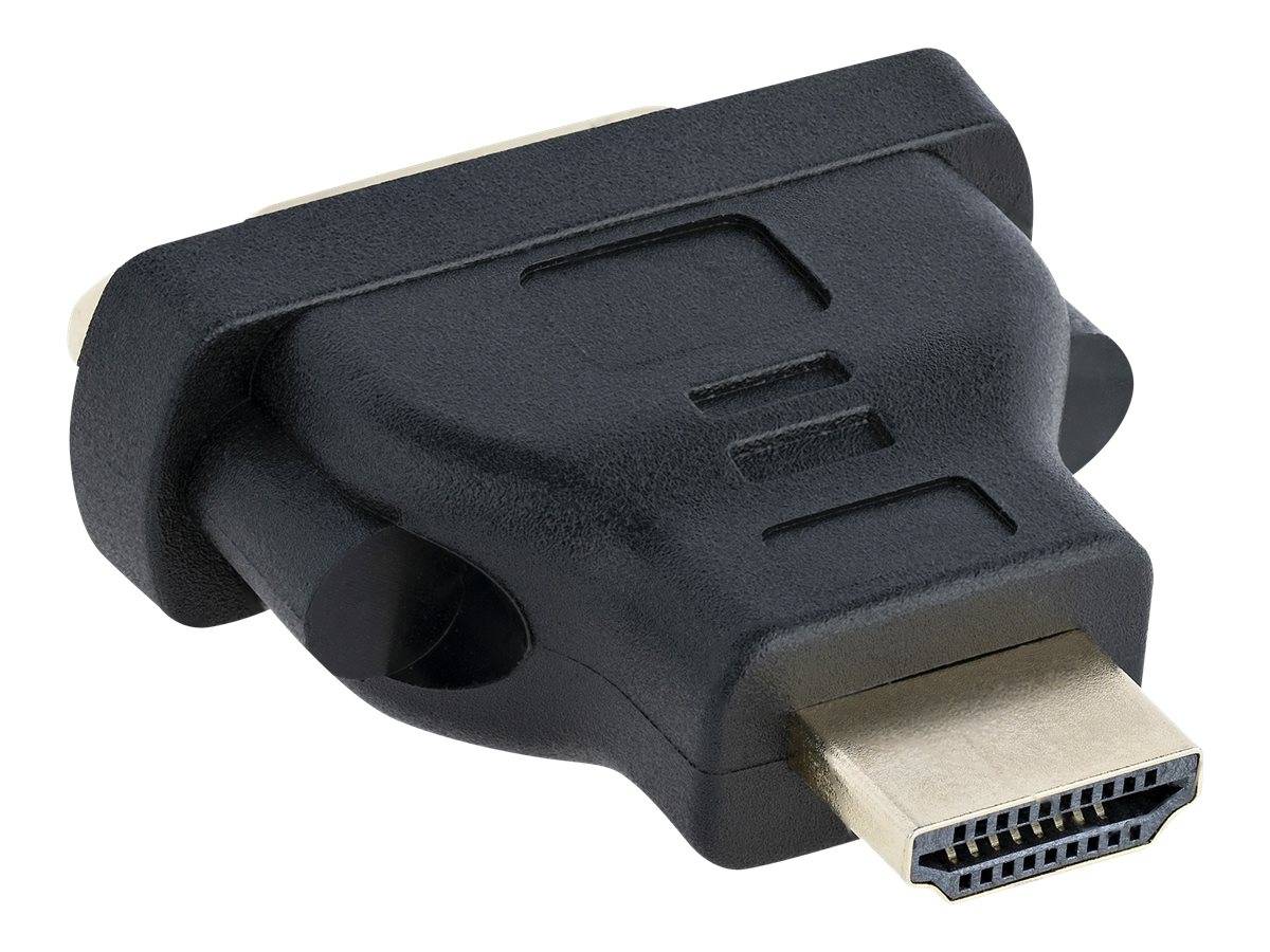Nahaufnahme eines schwarzen HDMI-Adapters mit einem männlichen HDMI-Stecker und einer weiblichen Buchse auf der anderen Seite.