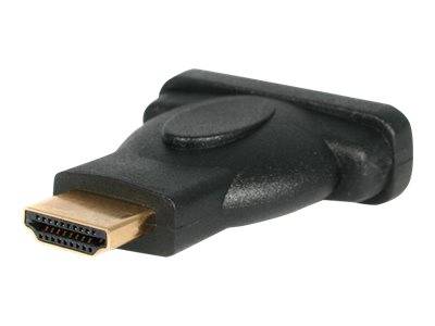 Schwarzer HDMI-Adapterstecker mit vergoldetem Anschluss auf weißem Hintergrund.
